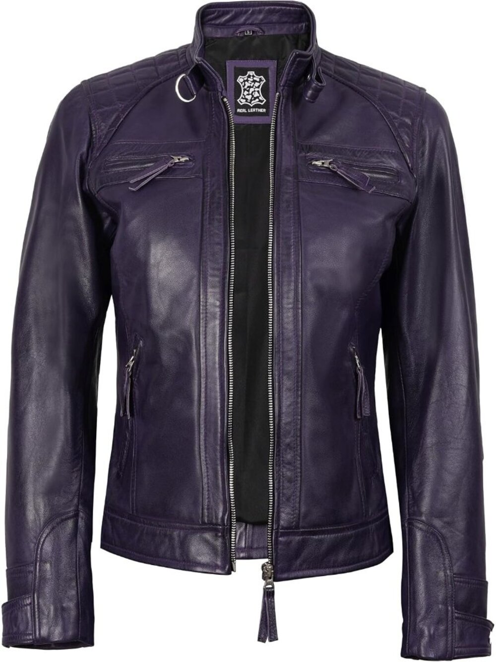 Womenโs Purple Leather Cafe Racer Motorcycle Biker Jacket